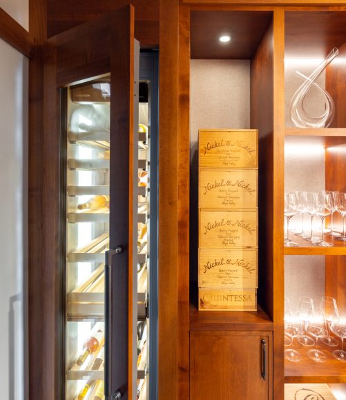 Custom wood shelving for a homeowner's entertaining space by Sonoma County's Premier Firm for Custom Homes + Remodeling LEFF Design Build.