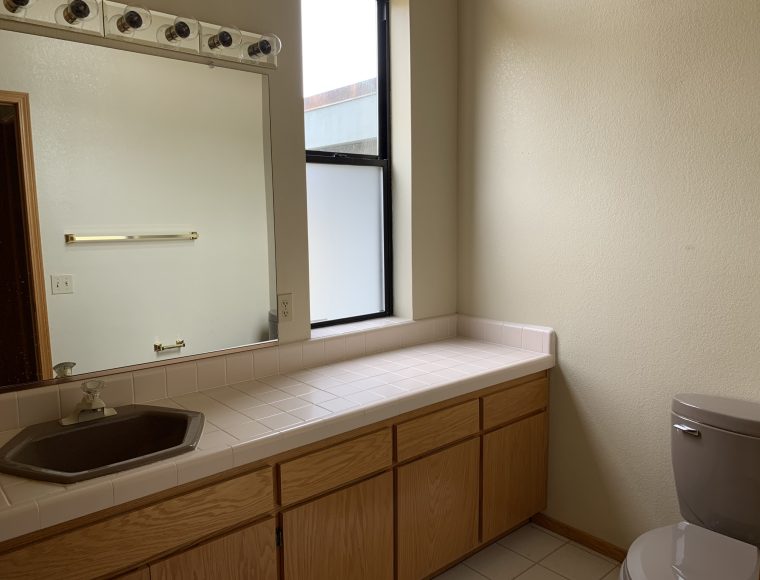 Existing bathroom sink area and toilet, ready for custom remodel by Sonoma County's Premier Firm for Custom Homes + Remodeling LEFF Design Build.