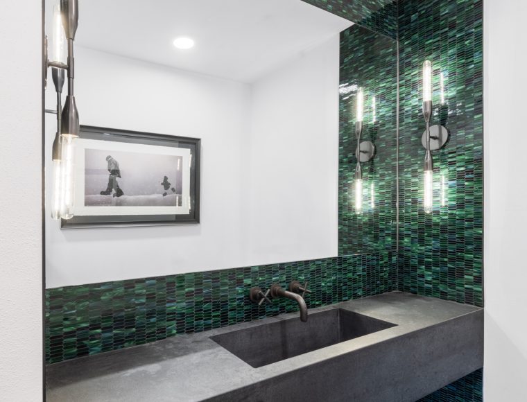 Modern custom bathroom with sink area, floor-to-ceiling tile by Sonoma County's Premier Firm for Custom Homes + Remodeling LEFF Design Build.